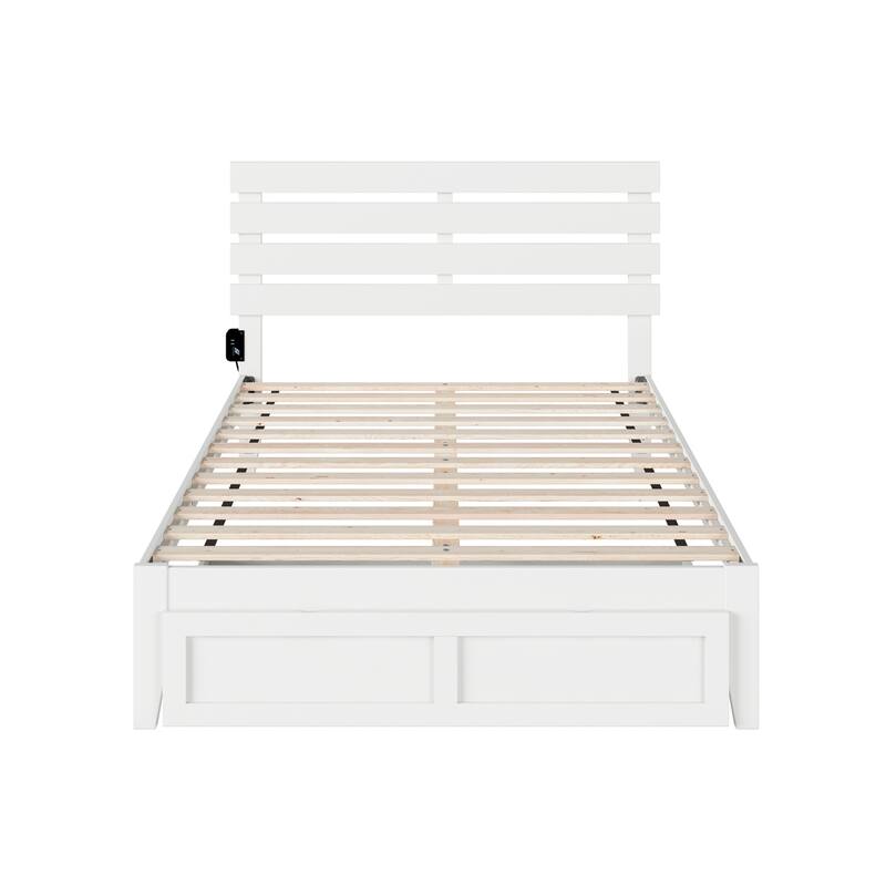 Full Bed with Foot Drawer & USB Charger - Modern Design, Slat Kit Included, No Foundation Needed - White Finish