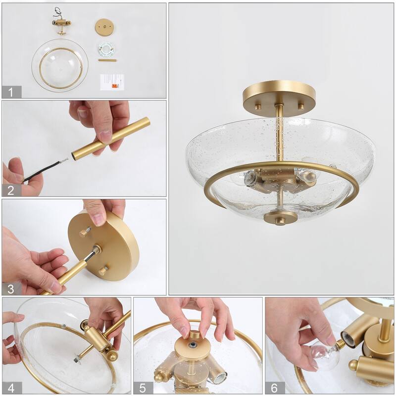 Mid-century Modern Gold 3-Light Farmhouse Bowl Semi-flush Mount with Seeded Glass