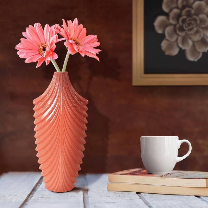 Allan Andrews Glossy Light Coral Textured Ceramic Vase - 15"H x 7"W