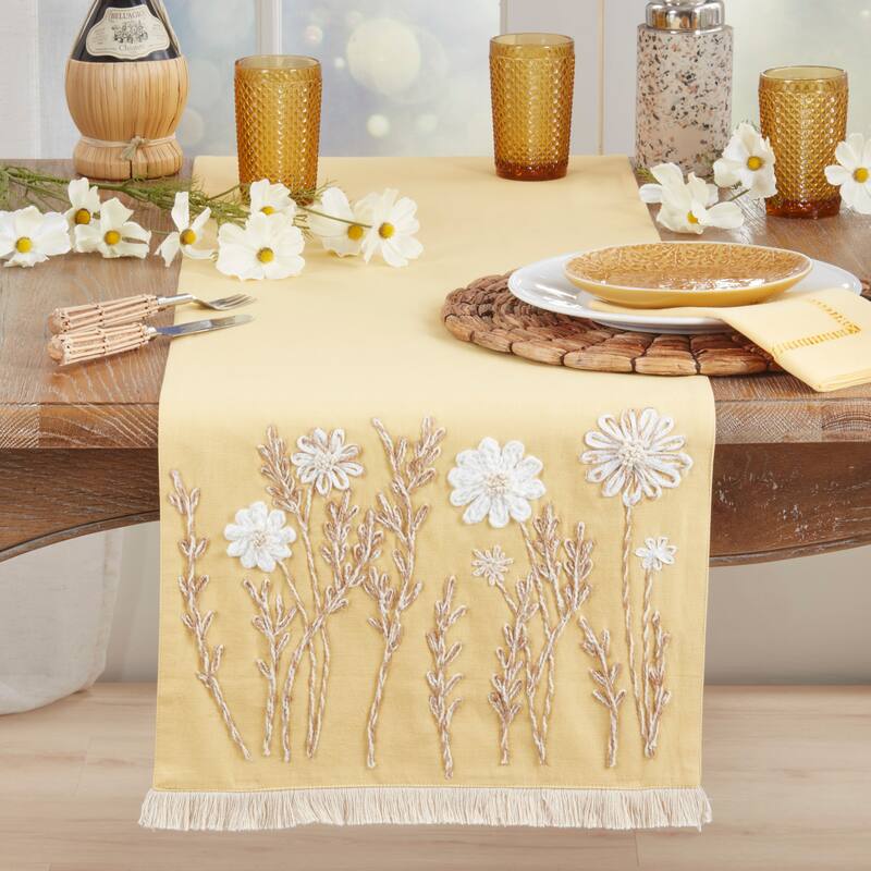 Embroidered Floral Table Runner - Lined Decorative Table Runner with Fringe for Dining & Console Tables, 16"x72"