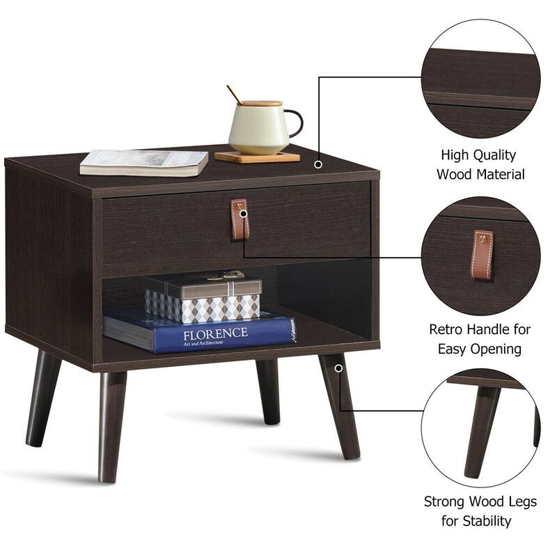 Nightstand Bedroom Table with Drawer Storage Shelf - Brown