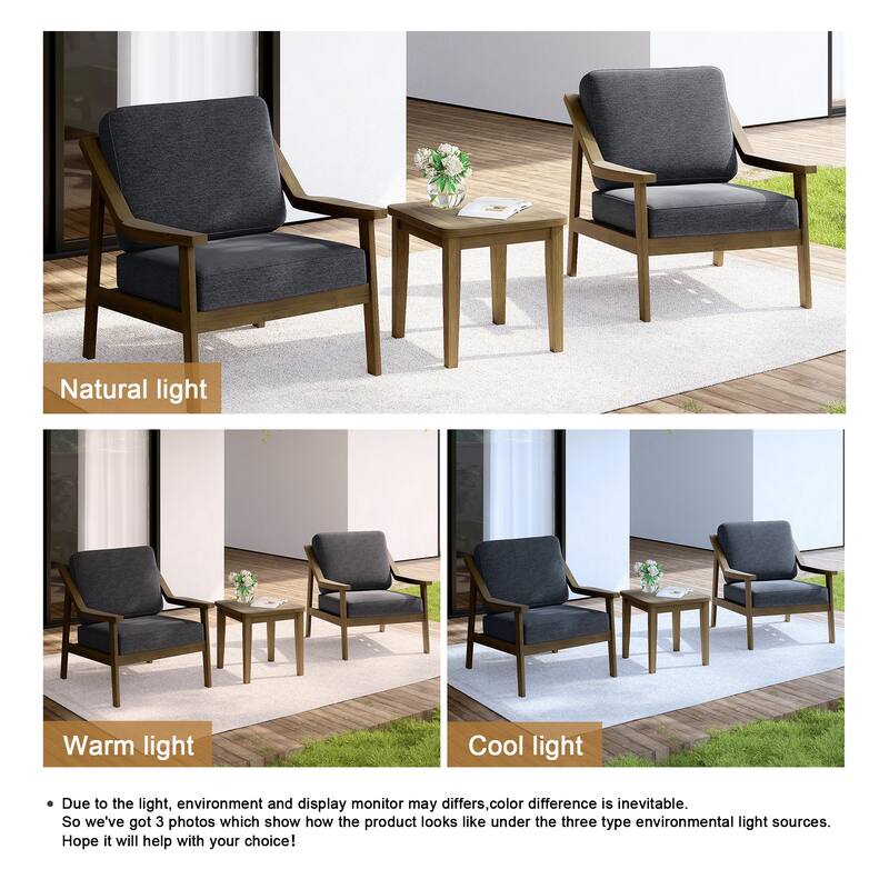 Outdoor Wood Cushioned Patio Set of 2 Accent Chair with Side Table