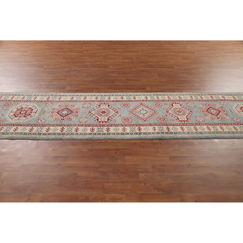Light Blue Kazak Runner Rug Hand-Knotted Geometric Wool Carpet - 2'7" x 13'1"