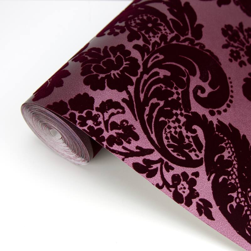 A-Street Prints Shadow Merlot Flocked Damask Wallpaper