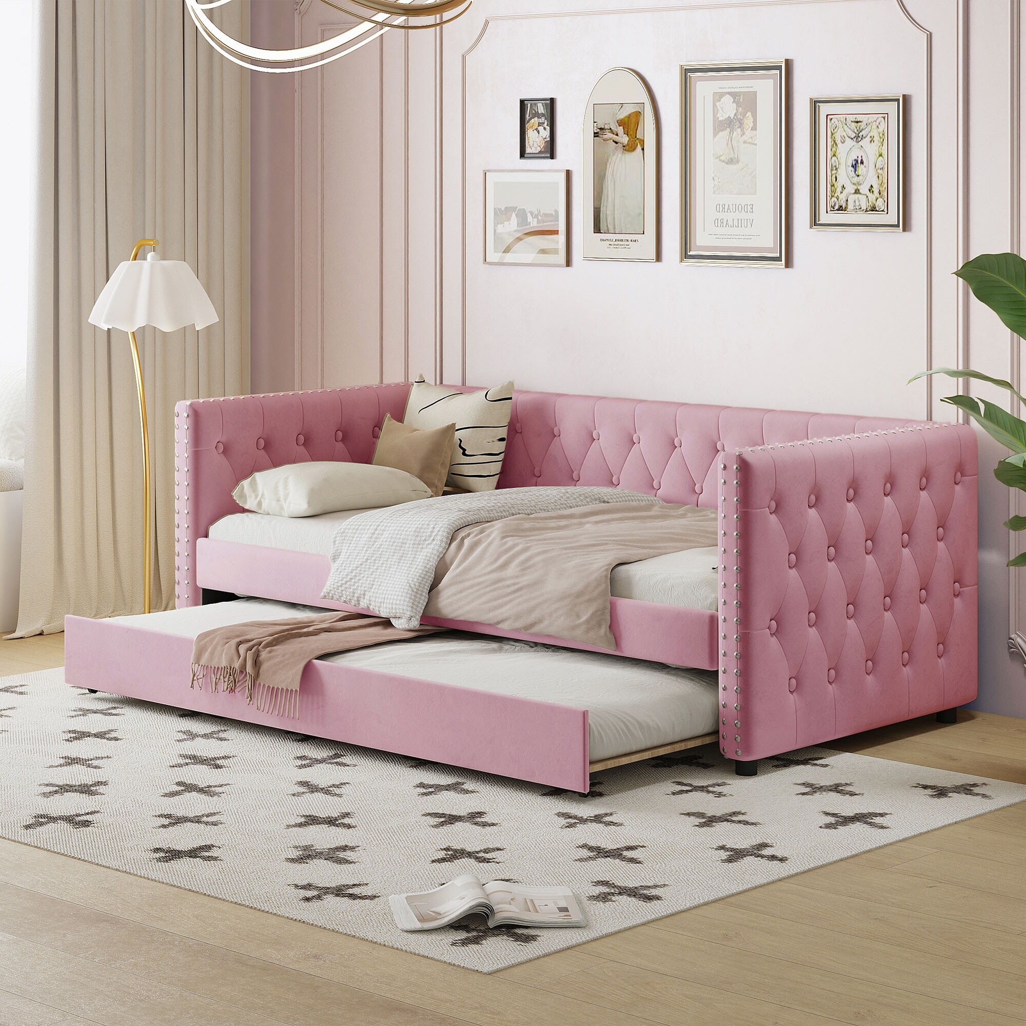 Twin Size Velvet Daybed with Trundle Rivet Accents Pink