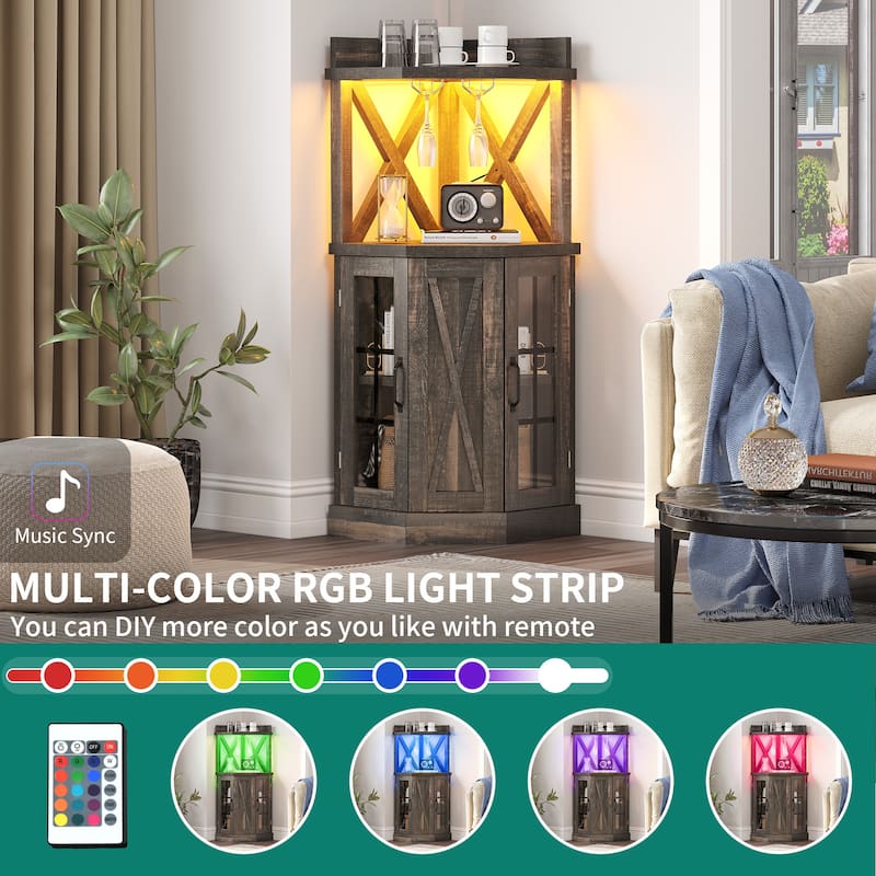 Moasis Industrial Corner Bar Cabinet with LED Lights and Glass Holder