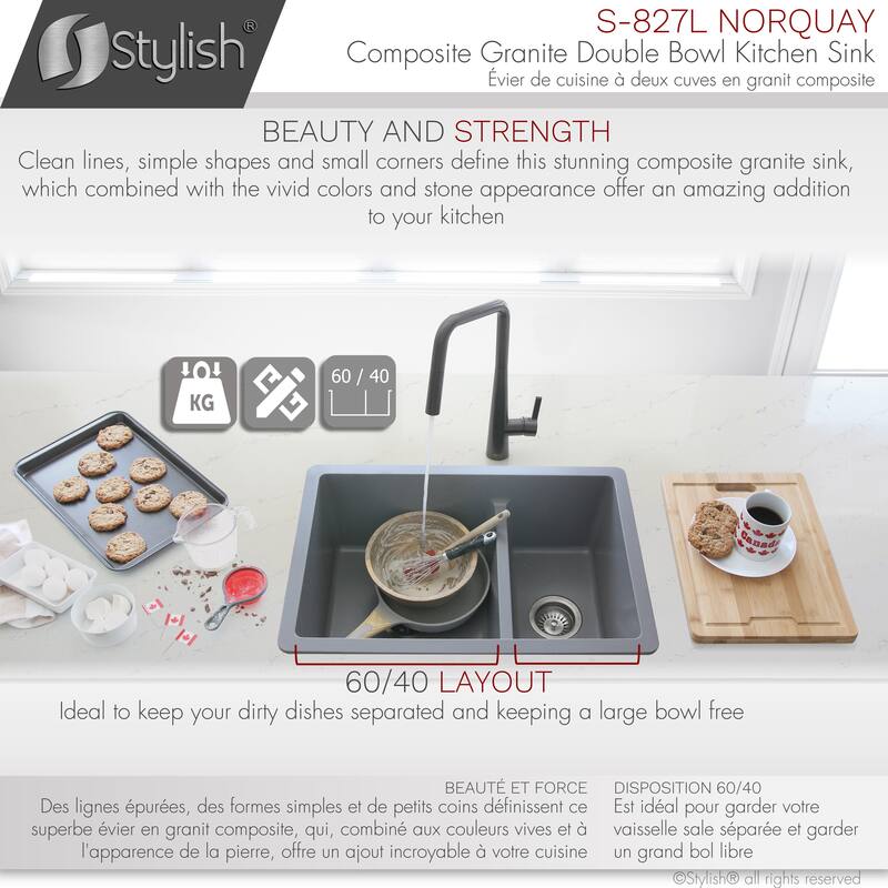 Dual mount 27" Composite Granite Double-Bowl Kitchen Sink S-827