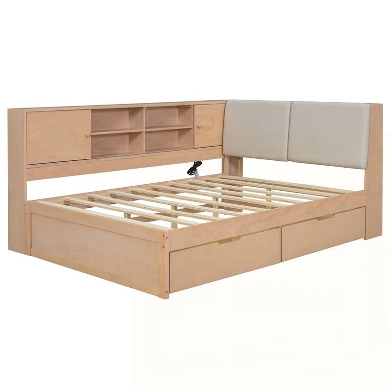 L-shaped Daybed Corner Bed with Storage Bookcase and USB Charging Ports