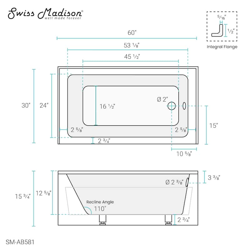 Virage 60" x 30" Alcove Bathtub with Apron