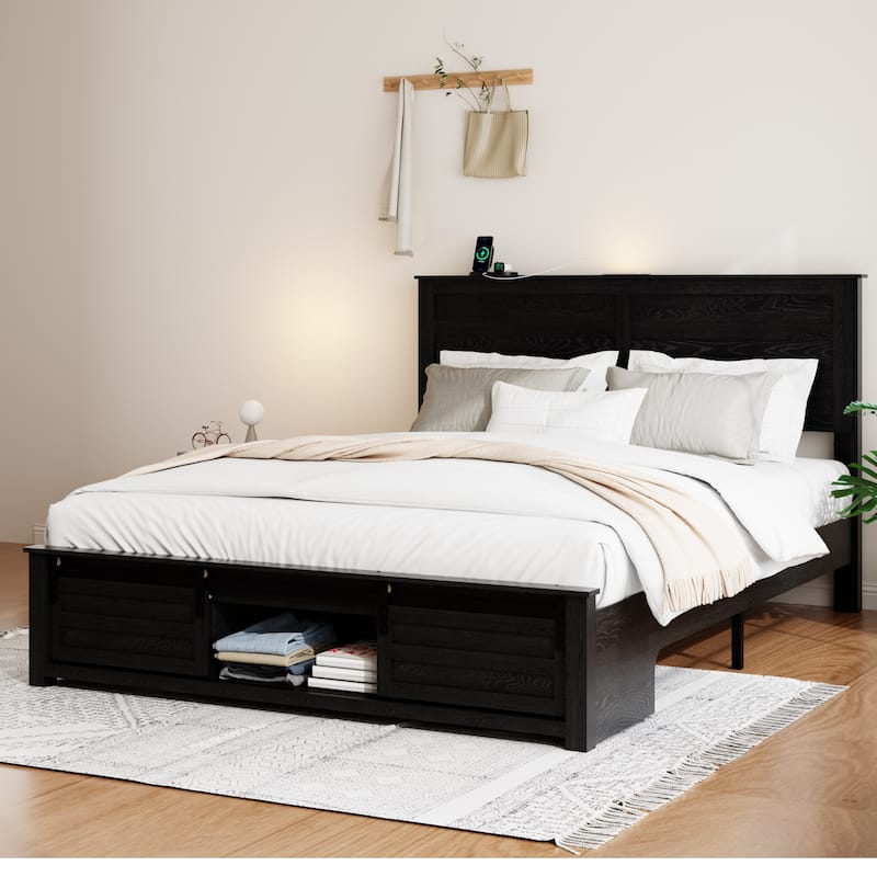Queen Bed Frame with Upholstered Headboard and Wood Platform, Storage Headboard with Charging Station and LED - Antique Black