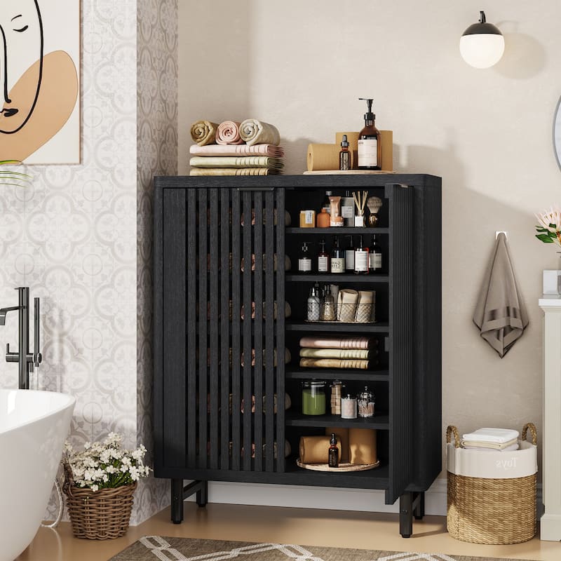 Wooden Bathroom Floor Cabinet, Adjustable Shelves Large Storage Sideboard Accent Cabinet for Bathroom Kitchen Living Room - Black