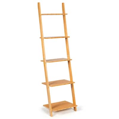 Gymax 5-Tier Ladder Shelf Modern Bamboo Leaning Bookshelf Ladder - See Details