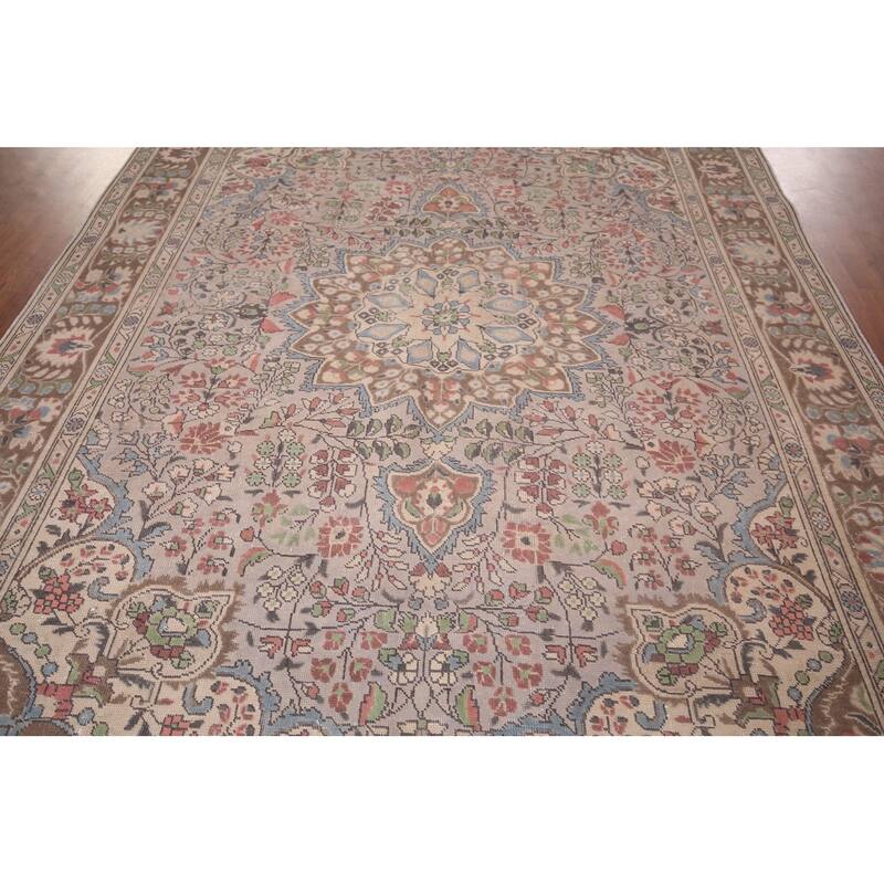 Distressed Grey Tabriz Persian Vintage Rug Hand-Knotted Wool Carpet - 7'10"x 11'0"