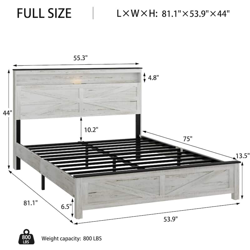 Industrial Style Platform Bed Bed Frame with Wooden Headboard Footboard, LED Lights and USB Ports, Headboard Storage Space,White