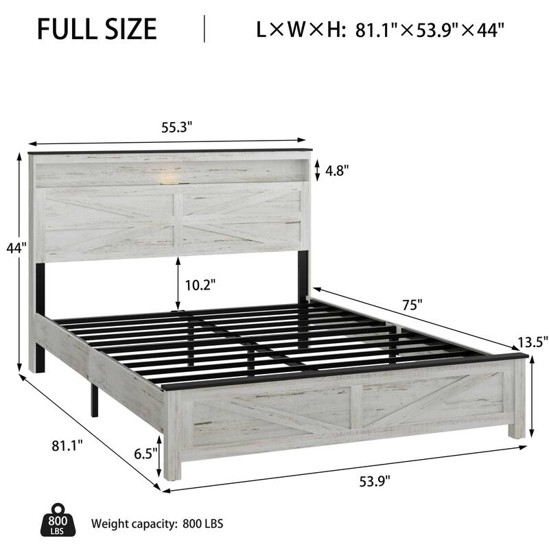 Roomfitters Floating Bed Frame with Illuminated Headboard, Charging Station, Hidden Storage, No Box Spring, White+Grey - Full