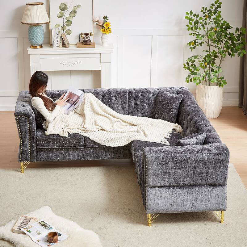 81.5'' Chenille L-Shaped 5-Seat Sectional Sofa with 3 Cushions, Stylish Corner Couch for Living Room or Bedroom - Grey