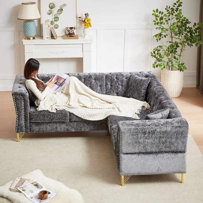 81.5-Inch Grey Chenille Corner Sofa, L-Shaped Sectional Couch with Nailhead Trim - Symmetrical - Grey