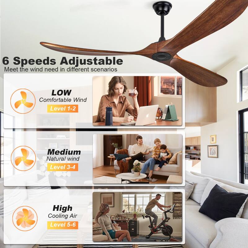 72"Large Size Solid Wood Ceiling Fan without Lights with Remote Control and Wall Switch, for Patio,Indoor,Living Room,Bedroom