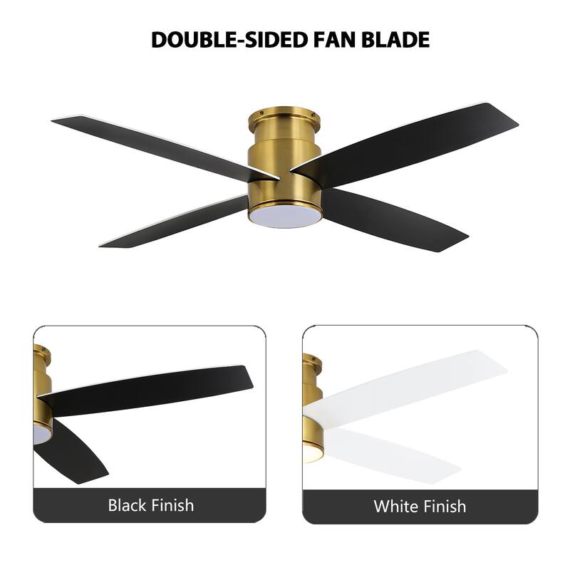 WINGBO 44/52 Inch Flush Mount DC Ceiling Fan with Lights and Remote, 4 Reversible Blades