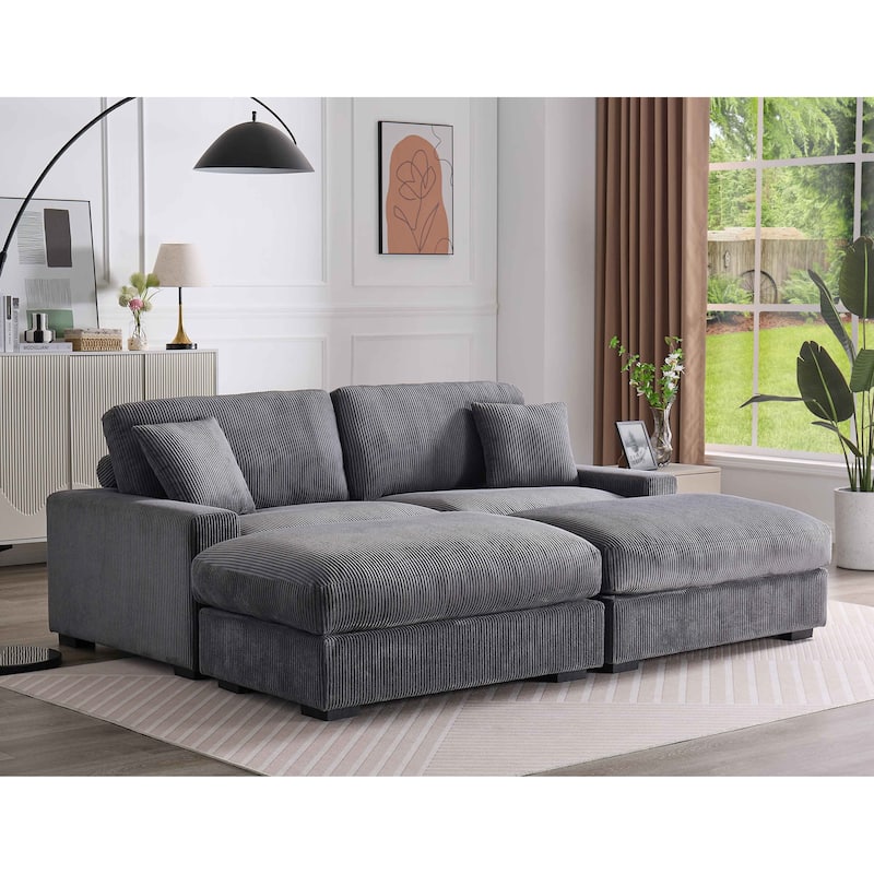 Corduroy Deep Seat Sectional Sofa with Ottoman Chaise and Pillows