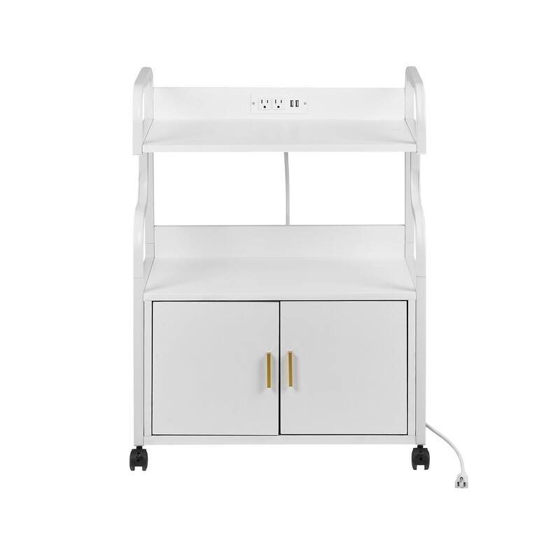 VECELO Mobile Printer Stand with Outlets & Locking Wheels White Rolling Cart Home Office Cart with USB Charging Station