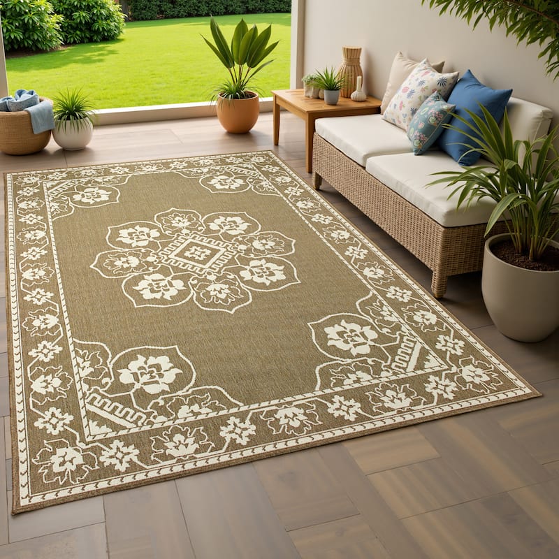 Style Haven Marianna Bordered Medallion Loop Pile Indoor Outdoor Area Rug