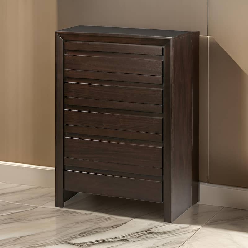 Oxo 51 Inch Tall Dresser Chest, 5 Drawers, Carved Handles, Dark Brown Wood.