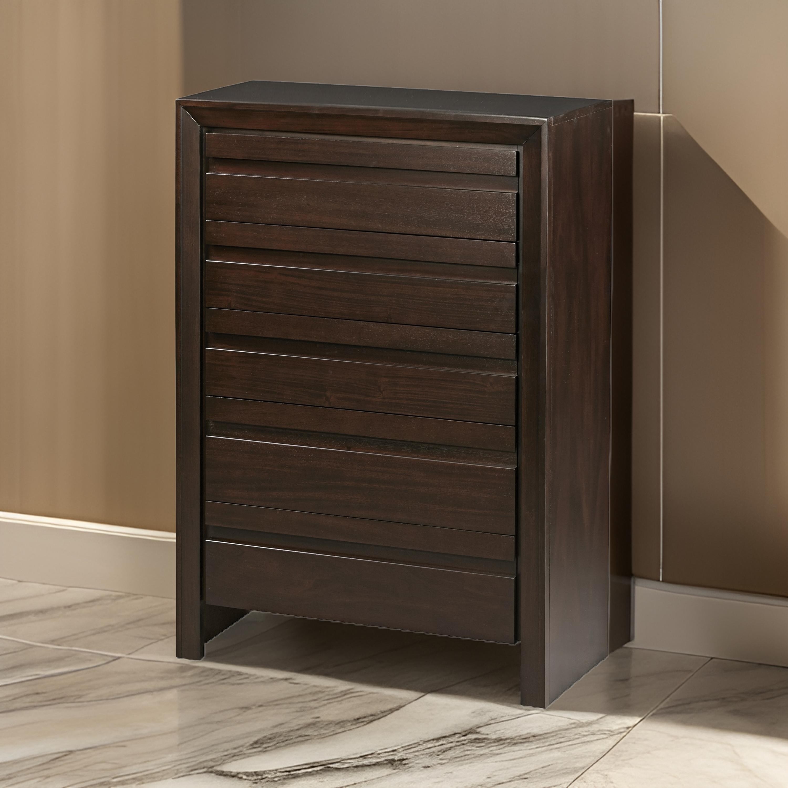 Oxo 51 Inch Tall Dresser Chest, 5 Drawers, Carved Handles, Dark Brown Wood.