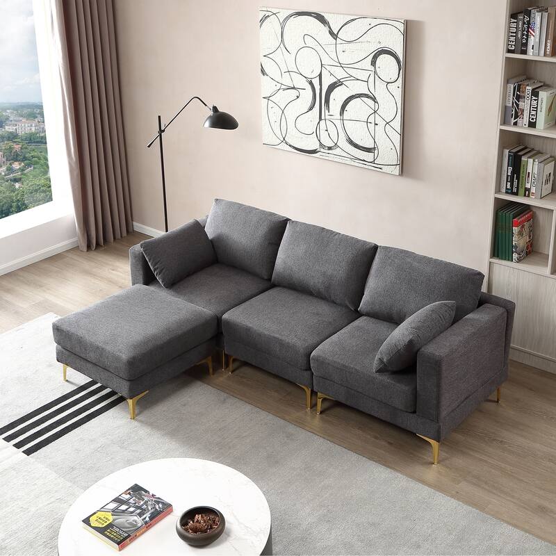 92'' Fabric L-Shape 3-Seater Sofa with Ottoman, Gold Metal Legs, and Toss Pillows