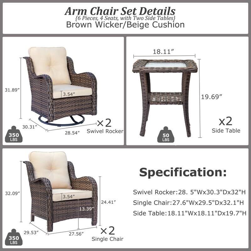 6-piece Outdoor Patio Wicker Swivel Rocker Chairs Set with Side Table
