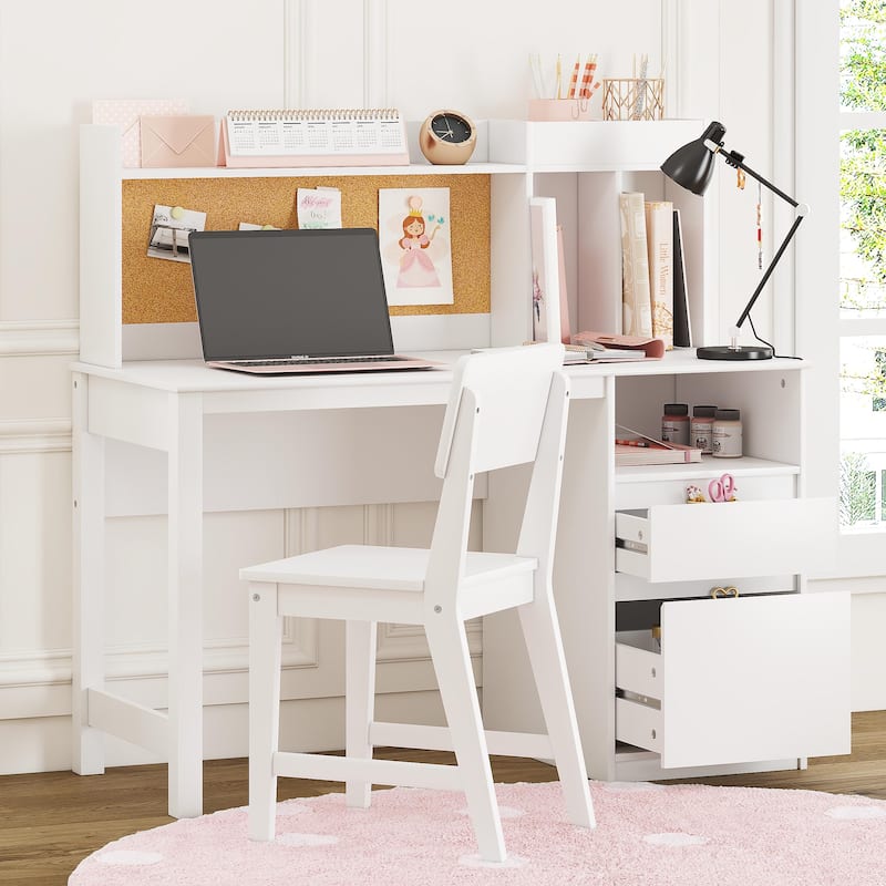 COSTARS Kids Study Desk and Chair Sets with Hutch and 2 Storage Drawers - White