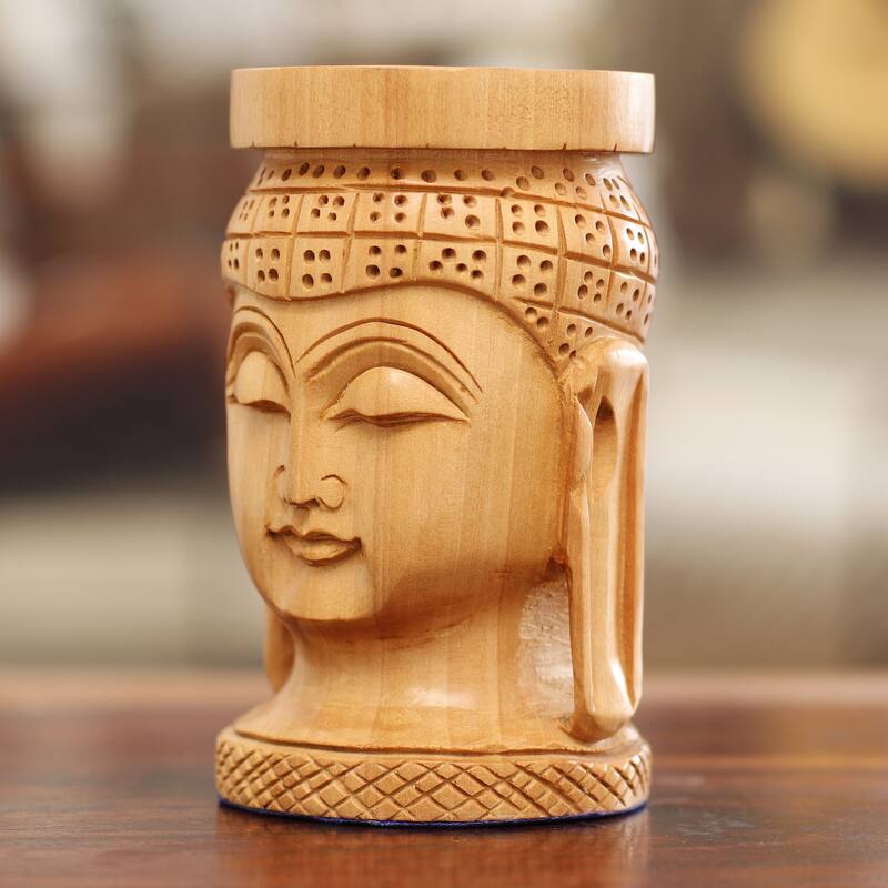 Novica Handmade Buddhas Patience Wood Pen Holder