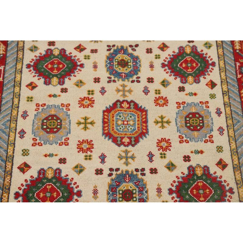 Traditional Kazak Foyer Rug Handmade Beige Geometric Wool Carpet - 3'4" x 4'11"