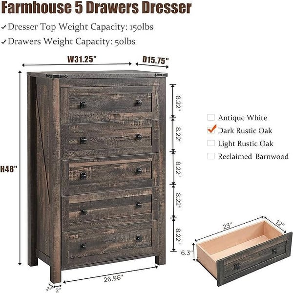 dimension image slide 0 of 6, 48" Tall Farmhouse 5 Drawer Wood Dresser, Chest of Drawers for Bedroom