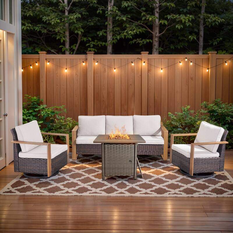 Pocassy Outdoor Sofa Patio Swivel Chair Funiture Set - Brown Wicker with Beige Cushion - 4-Piece Sofa Swivel Chair with Fire Pit Table