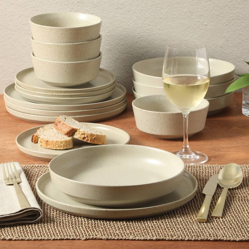 Gibson Elite Overbrook 16-Piece Pottery Clay Stoneware Stackable Dinnerware Set - Plates & Bowls, Reactive Glaze, Service for 4