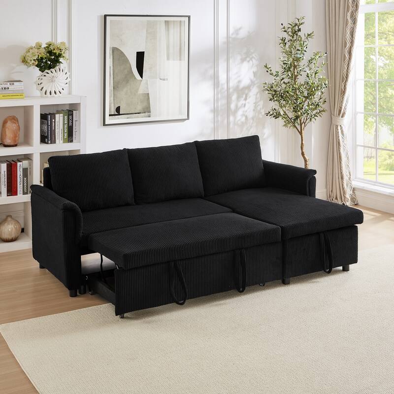 Convertible Corduroy Modular Loveseat Pull-Out Sleeper with Storage Chaise and Reclining Backrest for Living Room - Black