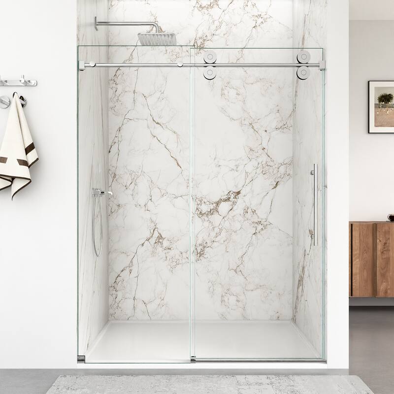 GDFStudio - Modern America Design Frameless Double Sliding Shower Door with 5/16" SGCC Tempered Glass & Stainless Steel Hardware - Chrome - 56"-60"W x 72"H