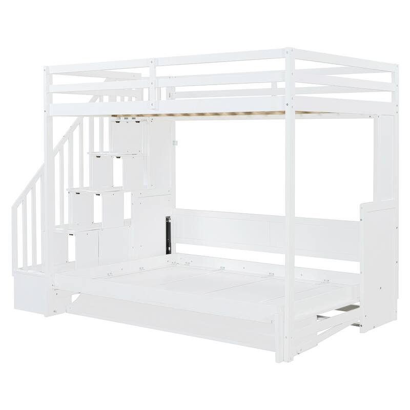 Full Over Full Versatile Wooden Murphy Bed with Storage Staircases & Desk, Space-Saving Foldable Wall Bed with Hydraulic Lift