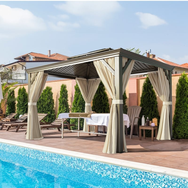 Outdoor Hardtop Double-Top 12 Ft x 10 Ft Galvanized Steel Patio Gazebo with Curtains Nettings