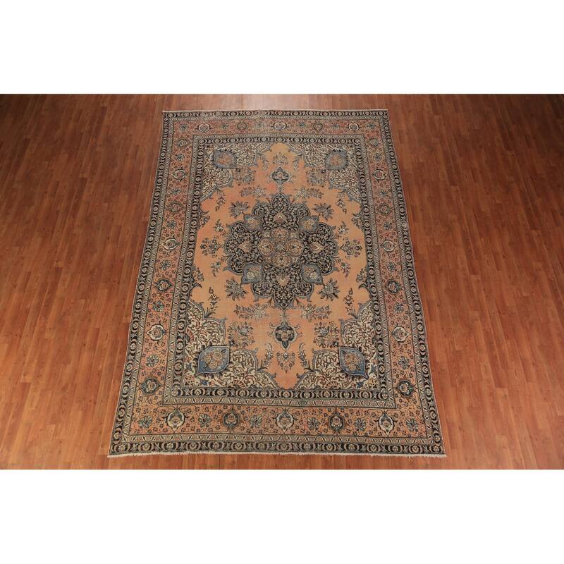 Orange Geometric Tabriz Persian Vintage Rug Handmade Wool Carpet - 7'7" x 11'5"