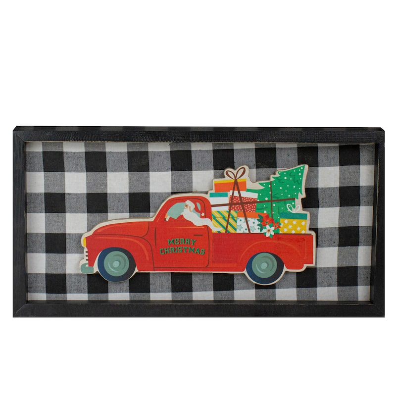 16" Black and White Buffalo Plaid Santa Farm Truck Wooden Christmas Plaque