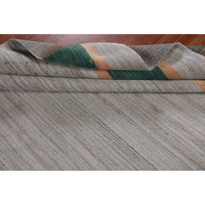 Hand Knotted Oriental 100% Wool Carpet Tribal Stripe Greys & Charcoal Gabbeh Area Rug - 12' 6'' X 9' 2''