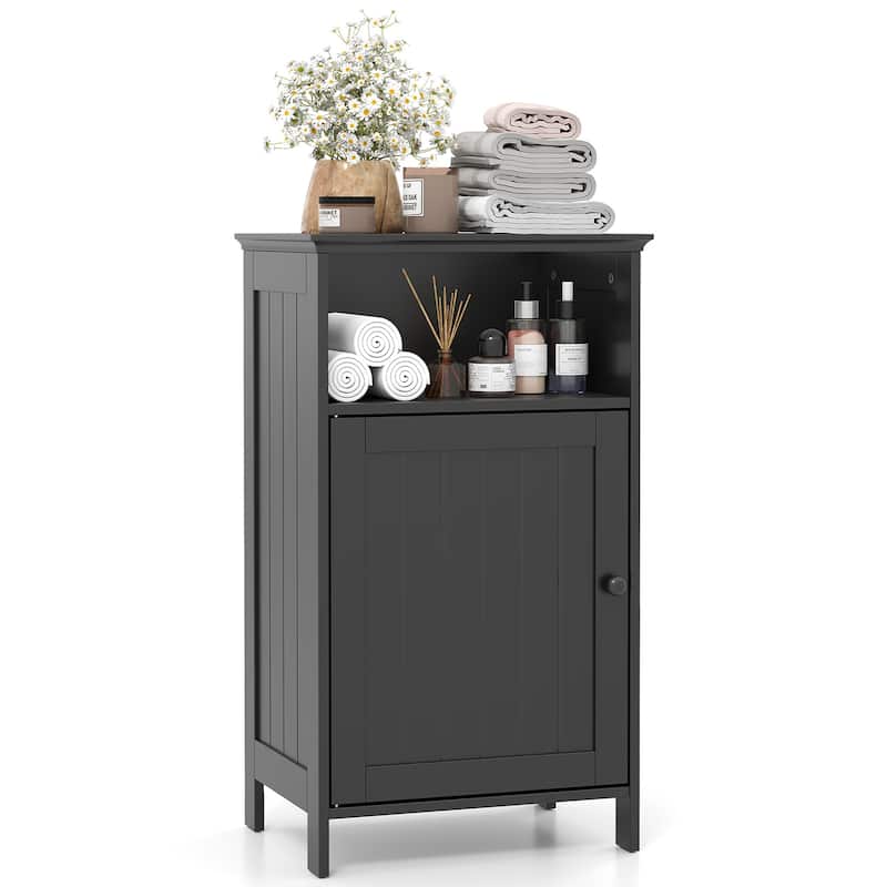 Gymax Bathroom Floor Storage Cabinet Side Table w/ Open Compartment & - Black - Matte