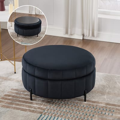 31.5"W Upholstered Round Ottoman With Reversible Lid, Velvet Storage Stool, Channel Tufted Pumpkin-shape Footstool