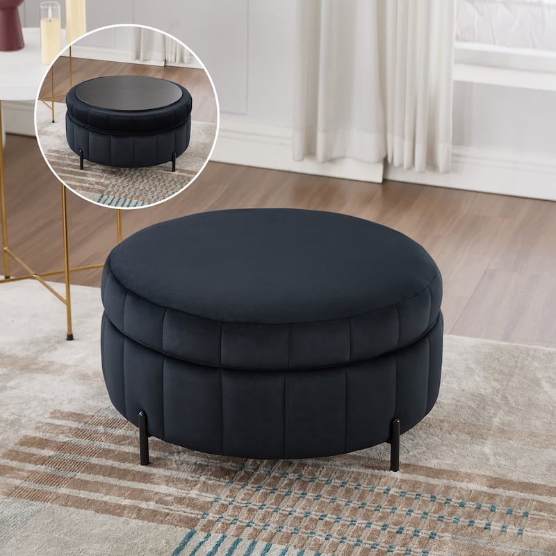 Roomfitters Round Velvet Storage Ottoman Coffee Table, Reversible Lid Footrest for Living Room Bedroom Office - Black
