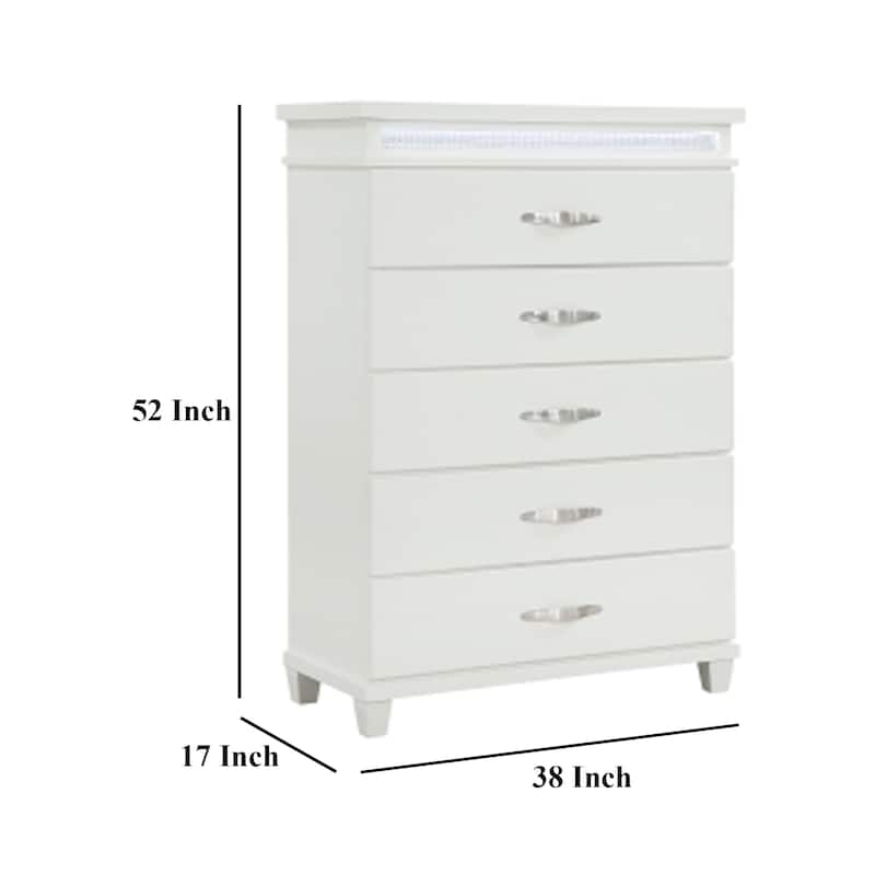 Jisy Tall Dresser Chest, 5 Drawer Chrome Bar Handles, LED Lit, White