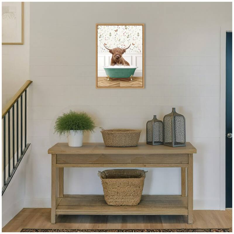 Kate and Laurel Sylvie Highland Cow in Meadow Bathtub Framed Canvas by Amy Peterson