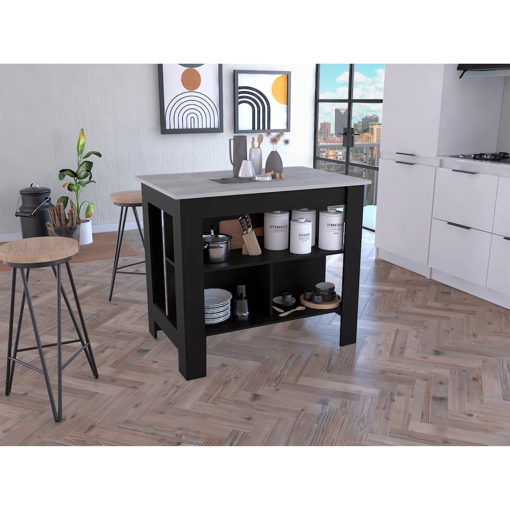 Cala Kitchen Island, Four Legs, Three Shelves -Black / Ibiza Marble
