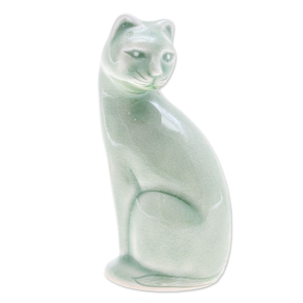 Novica Handmade Beautiful Cat Celadon Ceramic Figurine